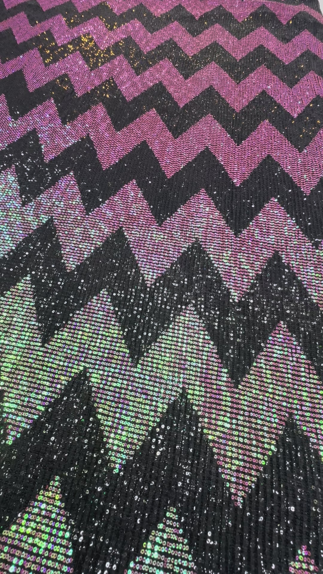 Pink-Green Iridescent Chevron Sequin Fabric on Black Mesh
