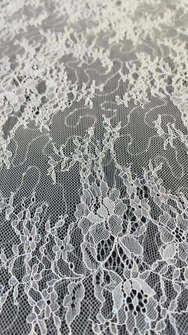 Luxury Ivory Chantilly Lace on white Tulle with Sequins – Bridal & Haute Couture Fabric