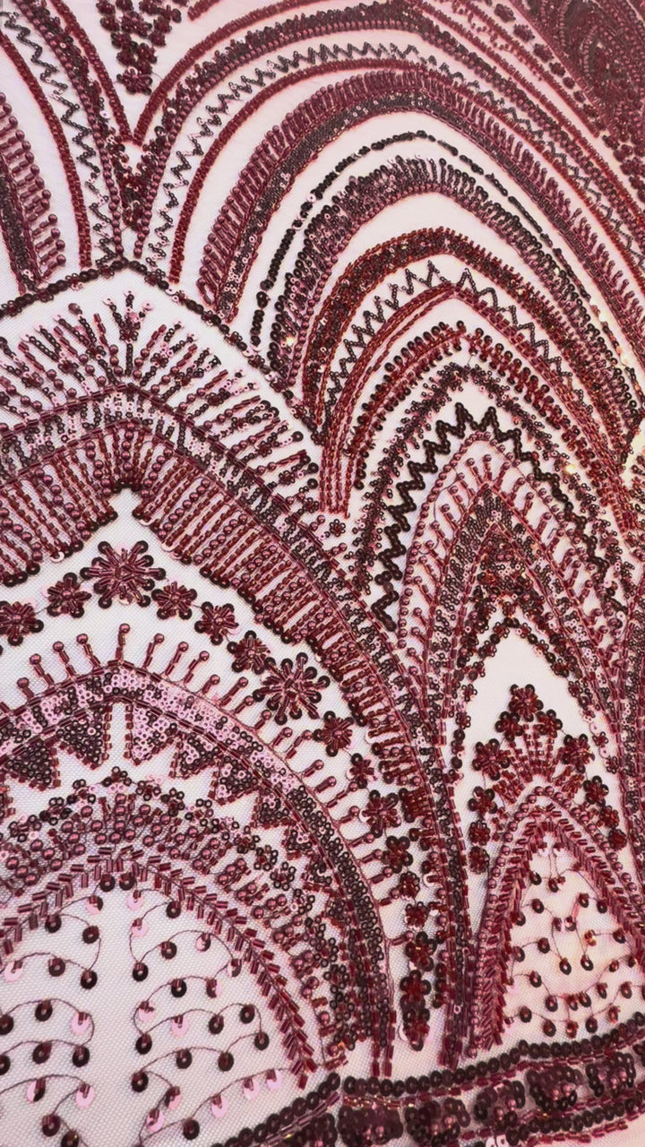 Luxury Burgundy Embroidered Tulle Fabric (1 Piece = 3 Meter)