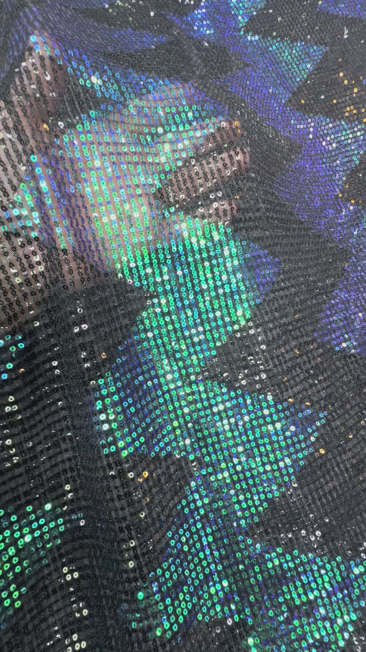 Blue-Green Iridescent Chevron Sequin Fabric on Black Mesh