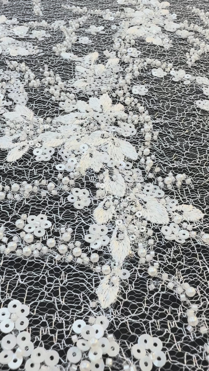 Luxury White Floral Beaded Lace with Sequins & Pearls on Net