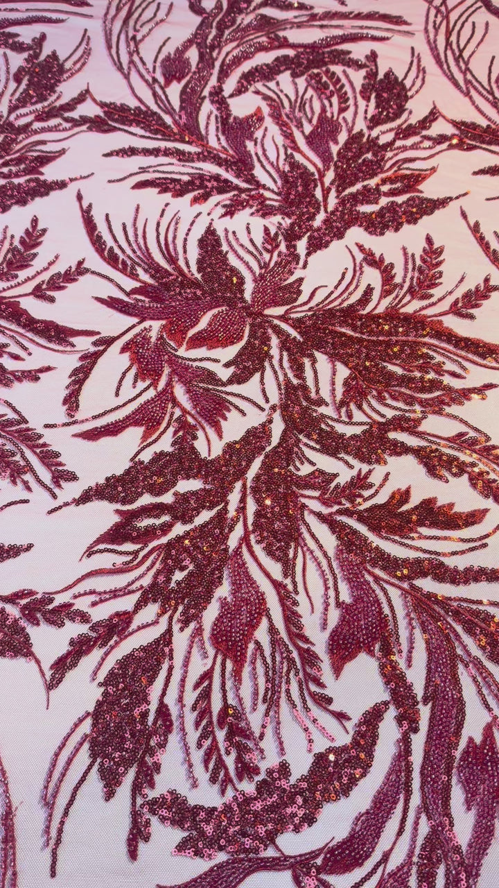 Luxury Red Floral Sequin & Beaded Embroidered Tulle Fabric – Haute Couture Design (1 Piece = 2.5 Meter)