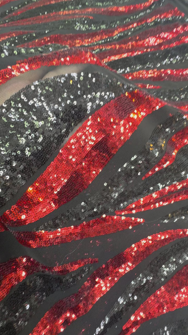 Red and Black Flame Sequin Fabric on Black Mesh ( 1 Piece = 3 Meter)