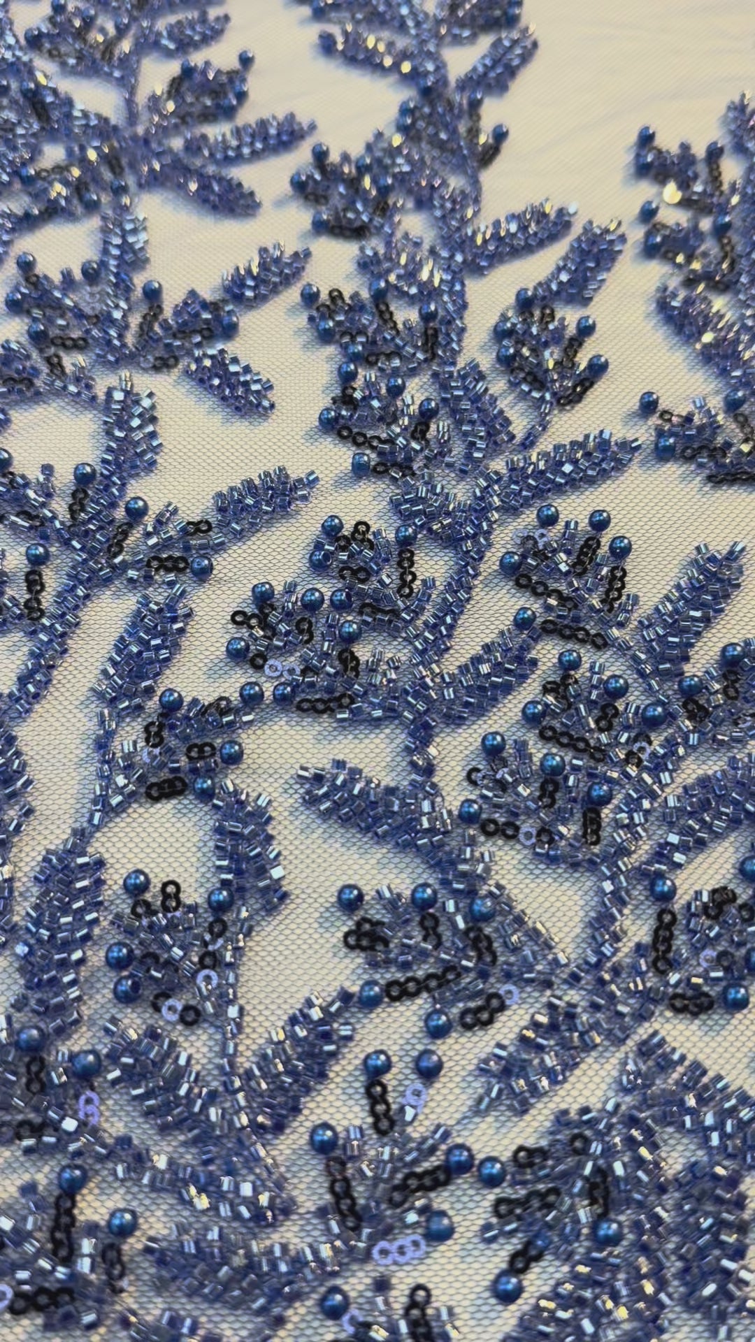 Luxury Royal Blue Beaded Tulle Fabric – Couture Embroidery with Sequins & Pearls( 1 Piece = 2.5 Meter)