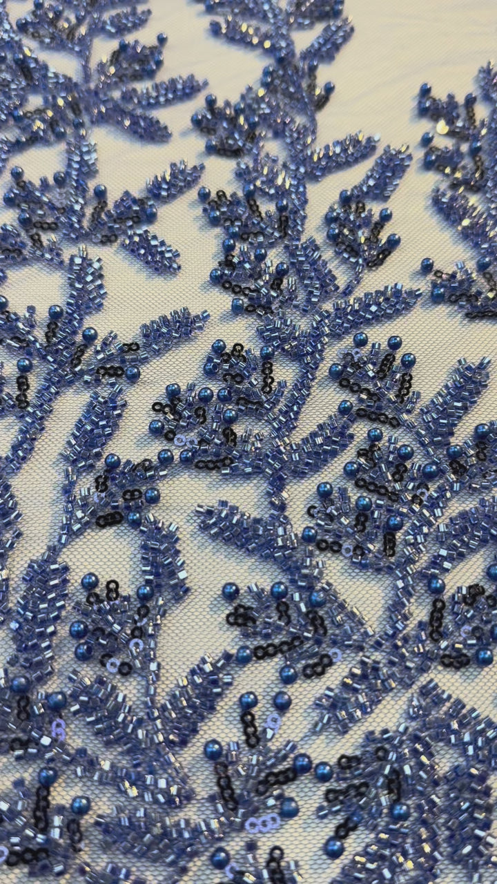 Luxury Royal Blue Beaded Tulle Fabric – Couture Embroidery with Sequins & Pearls( 1 Piece = 2.5 Meter)