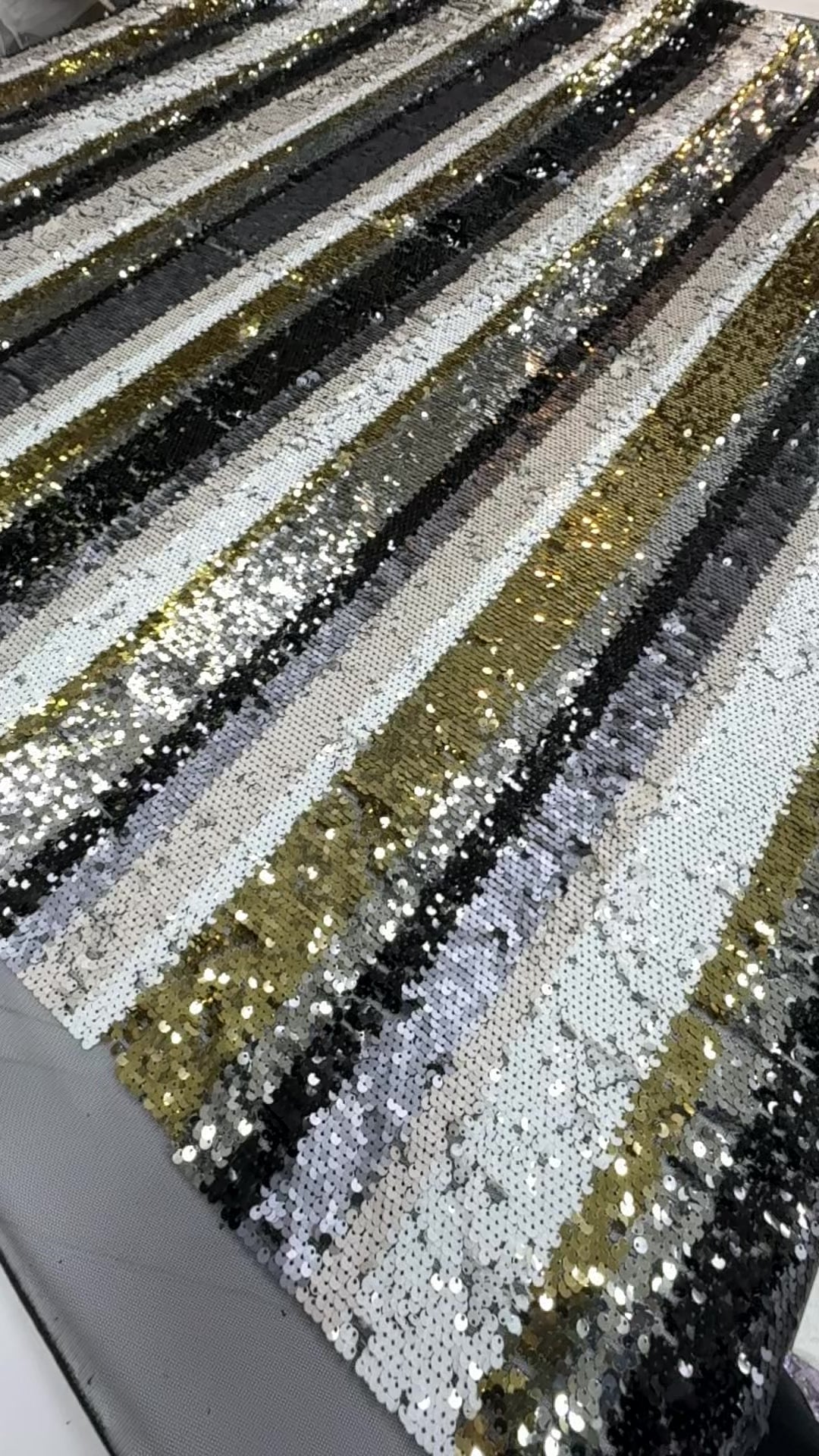 Luxury Striped Sequin Fabric – Black, Silver & Gold Multitone Glamour