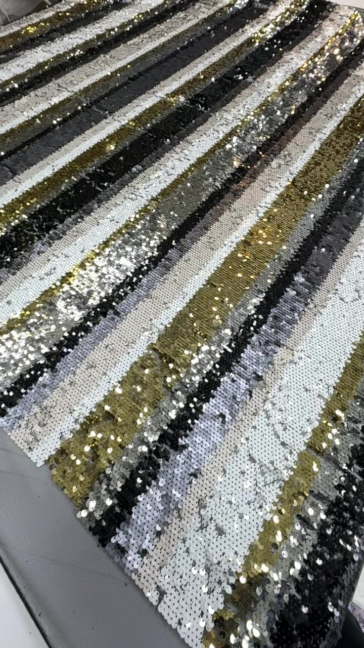 Luxury Striped Sequin Fabric – Black, Silver & Gold Multitone Glamour