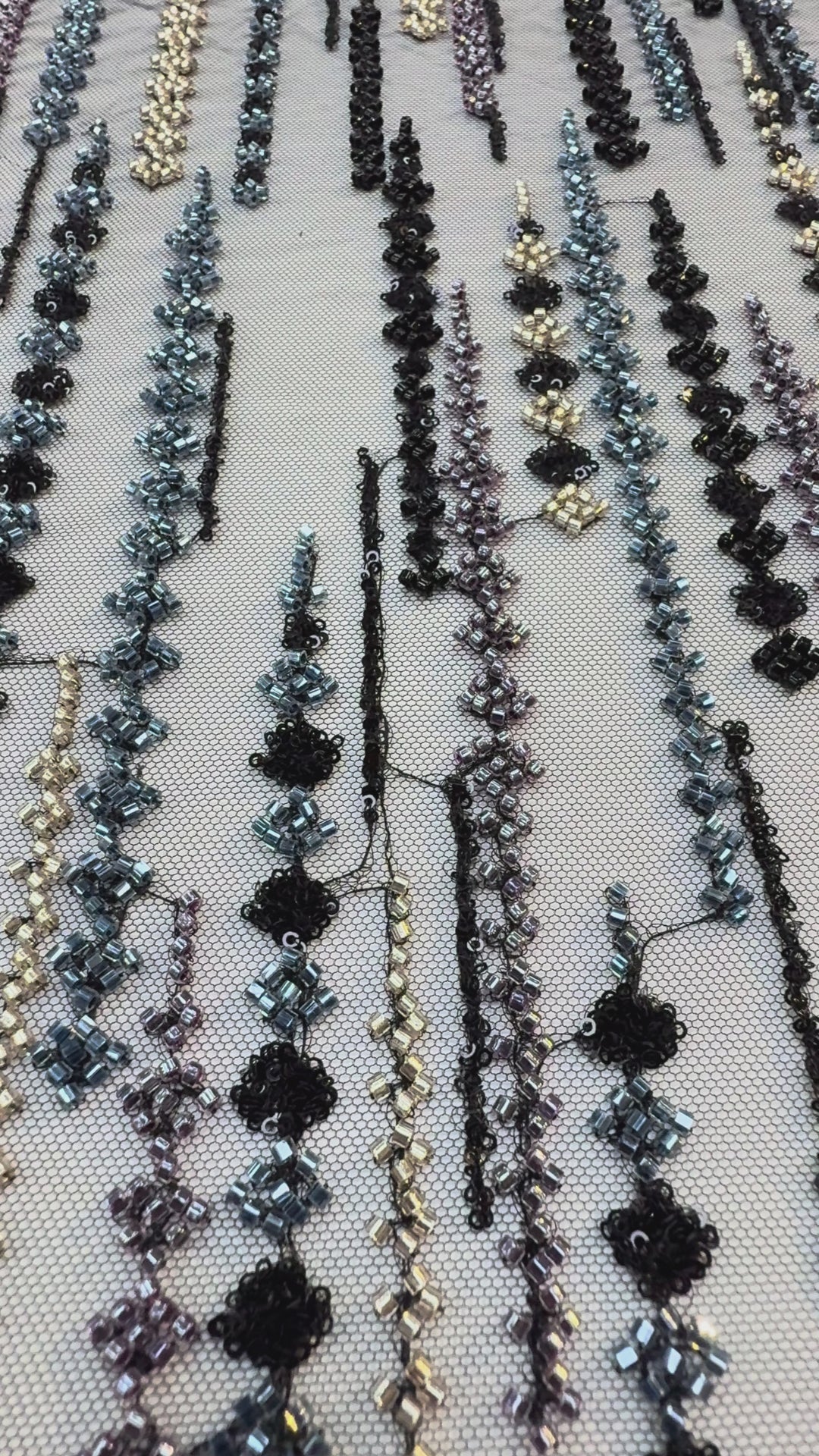 Black, Purple & Metallic Beaded Stripe Tulle Fabric – Luxury Couture Material for Evening & Designer Wear (1 Piece = 3 Meter)