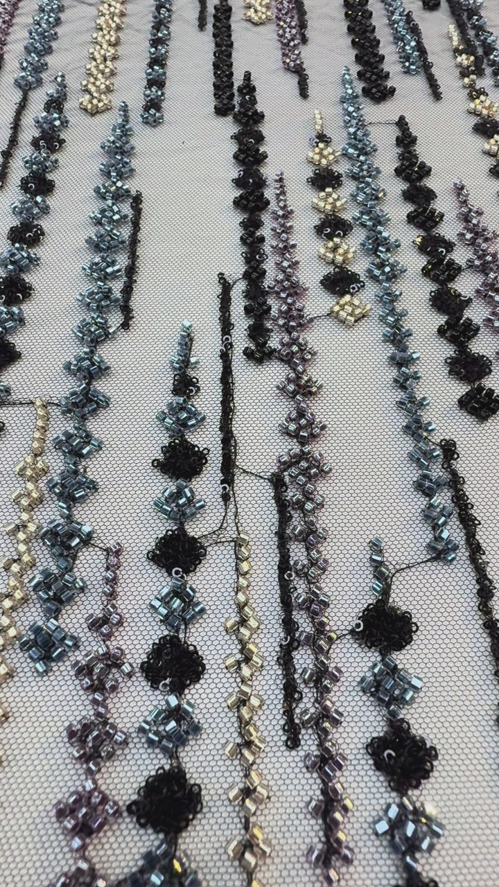 Black, Purple & Metallic Beaded Stripe Tulle Fabric – Luxury Couture Material for Evening & Designer Wear (1 Piece = 3 Meter)