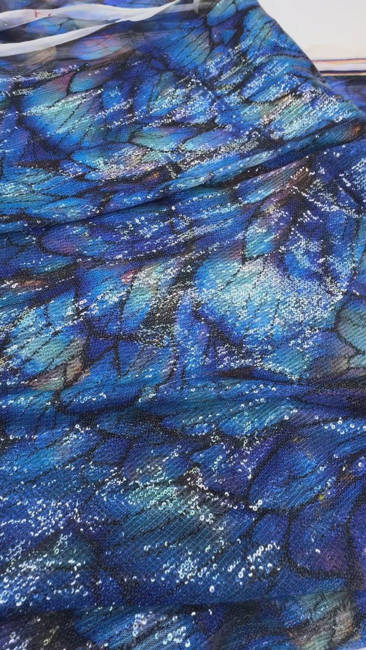 Luxury Iridescent Blue Feather Sequin Fabric