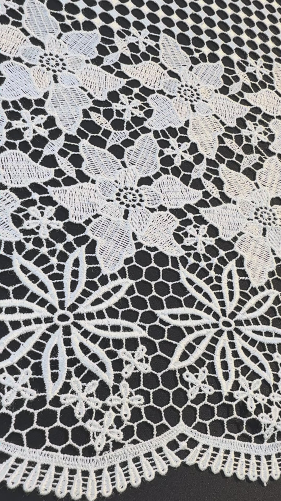 Luxury White Floral Border Lace Fabric – Geometric Net with Embroidered Flowers