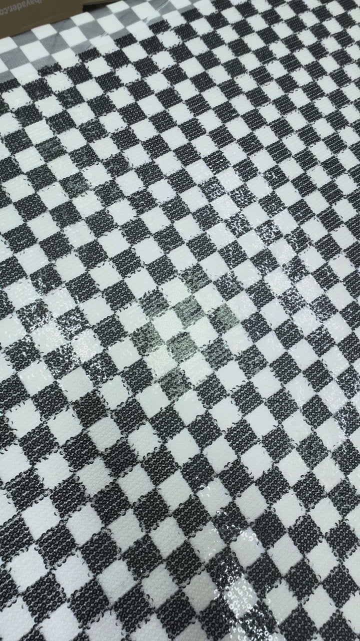 Black and White Sequin Checkered Mesh – Modern Glamour Couture Fabric ( 1 Piece = 5 Meter)