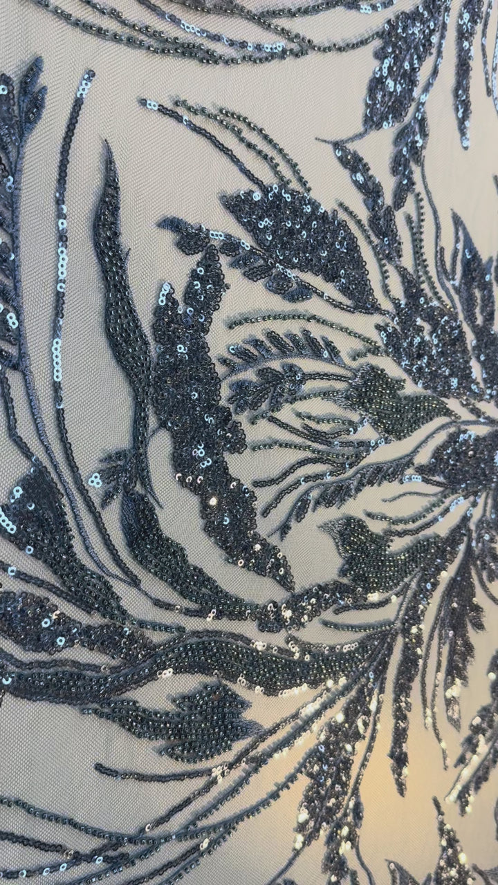 Luxury Steel Blue Sequin & Beaded Embroidered Tulle Fabric( 1 Piece = 2.5 Meter)
