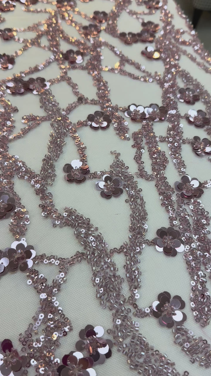 Luxury Dusty Rose Sequin Floral Embroidered Tulle – Couture Beaded Fabric