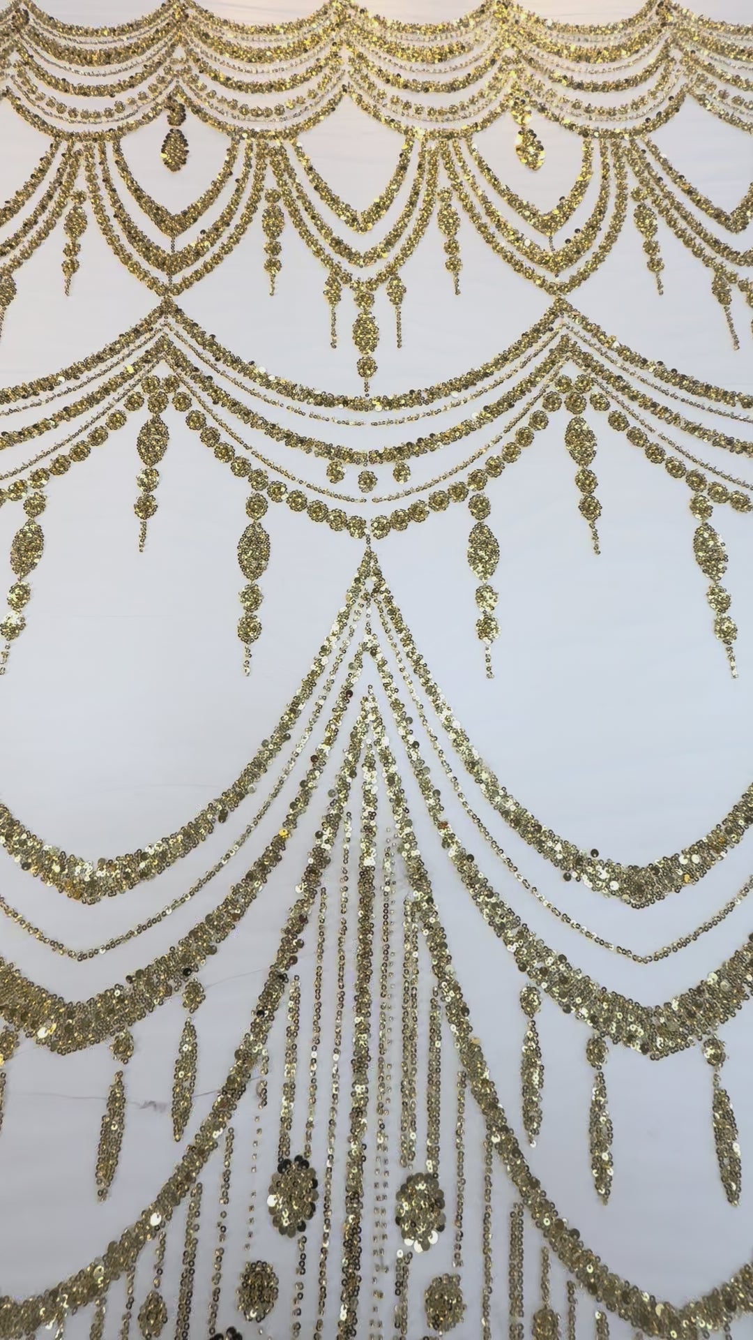 Luxury Gold Sequin Draped Embroidery Fabric – Haute Couture Bridal & Evening Wear (1 Piece = 5 Meter)