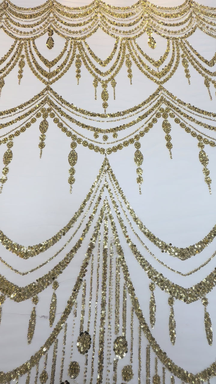 Luxury Gold Sequin Draped Embroidery Fabric – Haute Couture Bridal & Evening Wear (1 Piece = 5 Meter)