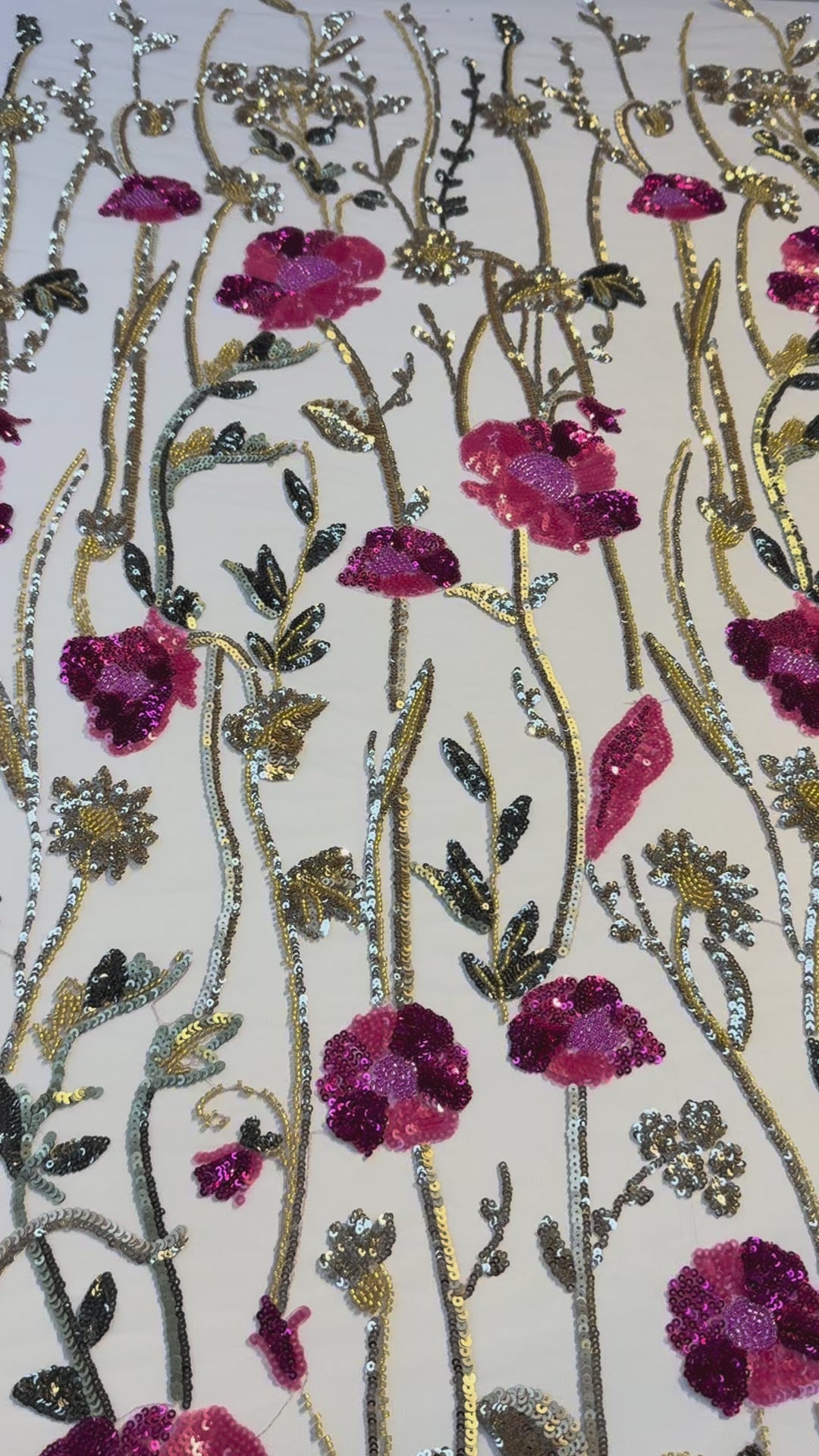 Luxury Floral Sequin Embroidered Fabric – Pink & Gold Blossoms on Tulle ( By piece, each piece is 3 Meter)