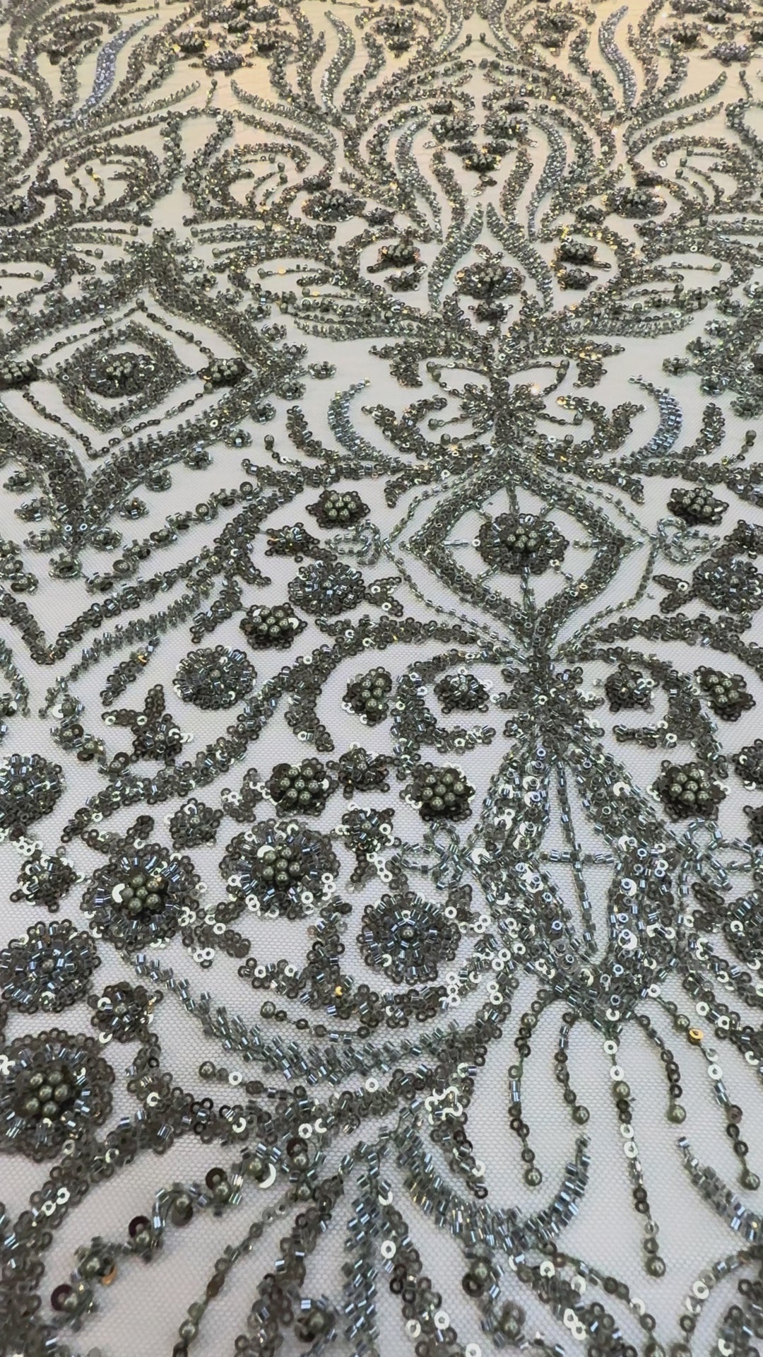 Emerald Green Beaded Baroque Embroidery on Tulle – Luxury Couture Fabric (1 Piece = 3 Meter)