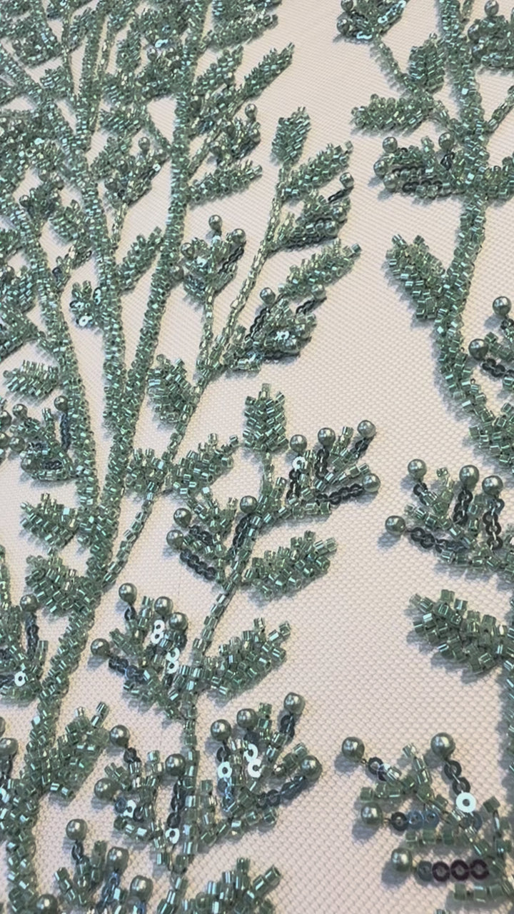 Luxury Emerald Green Beaded Embroidery Fabric – Couture Beads & Pearls on Tulle ( 1 Piece = 2.5 Meter)