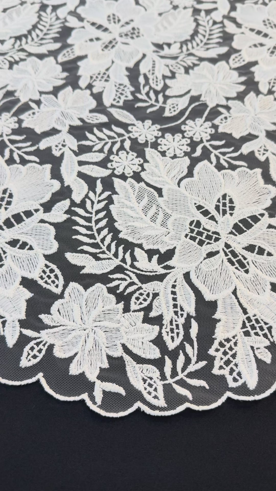Luxury White Floral Embroidered Lace Fabric with Scalloped Edge – Bridal & Couture