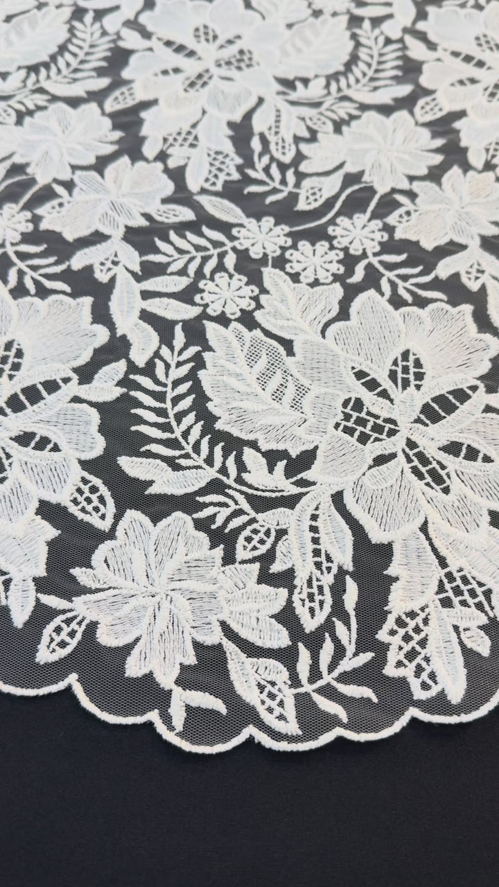 Luxury White Floral Embroidered Lace Fabric with Scalloped Edge – Bridal & Couture