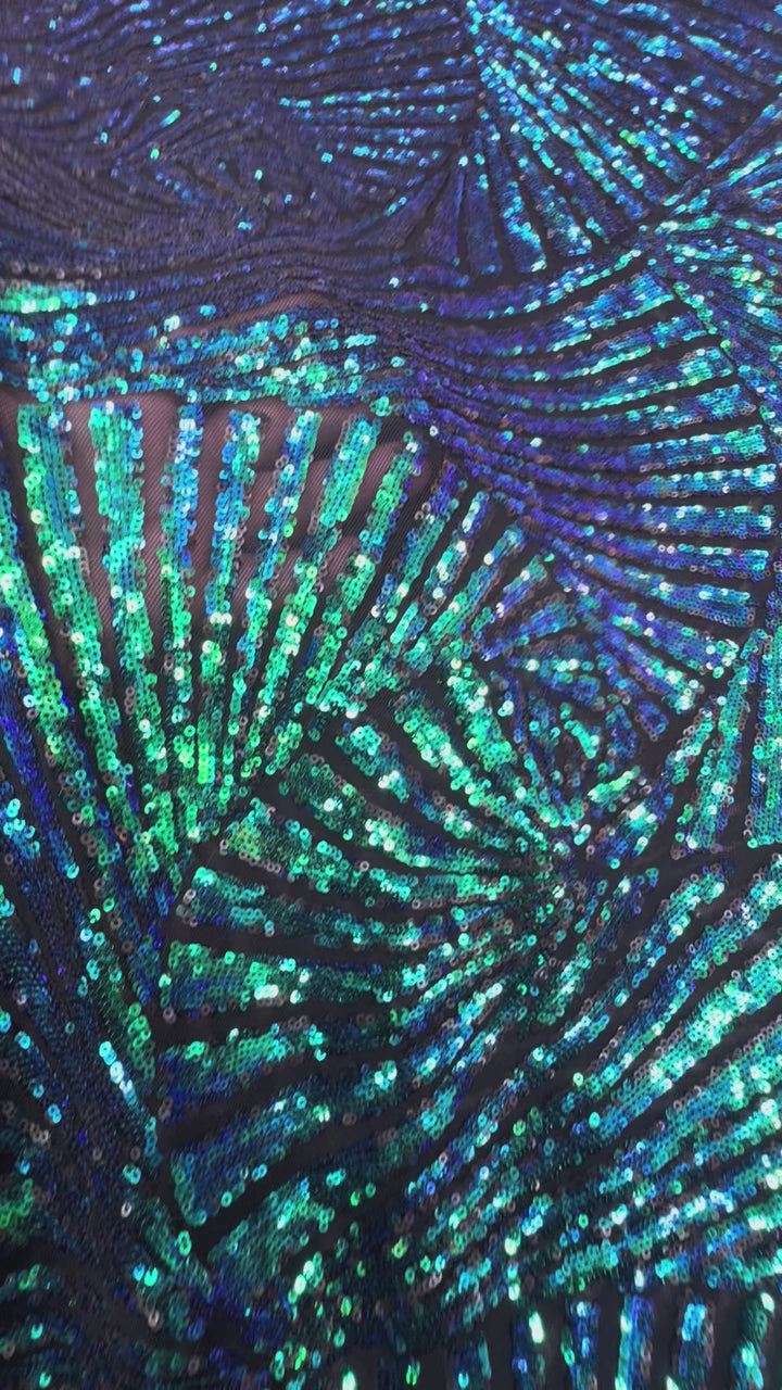 Blue-Green Iridescent Sequin Fabric on Black Mesh ( 1 Piece = 4 Meter)