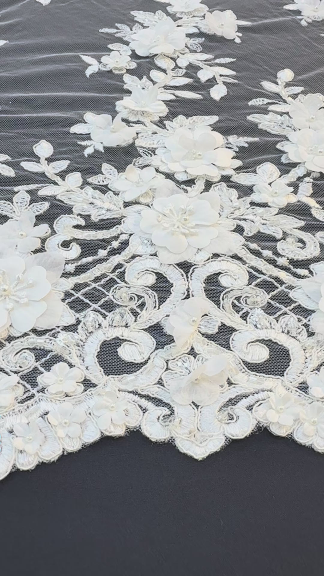 Luxury 3D Floral Lace Fabric with Sequins & Pearls – White Embroidered Bridal Tulle