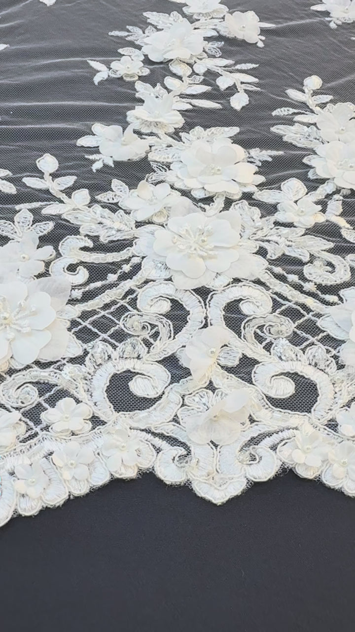 Luxury 3D Floral Lace Fabric with Sequins & Pearls – White Embroidered Bridal Tulle