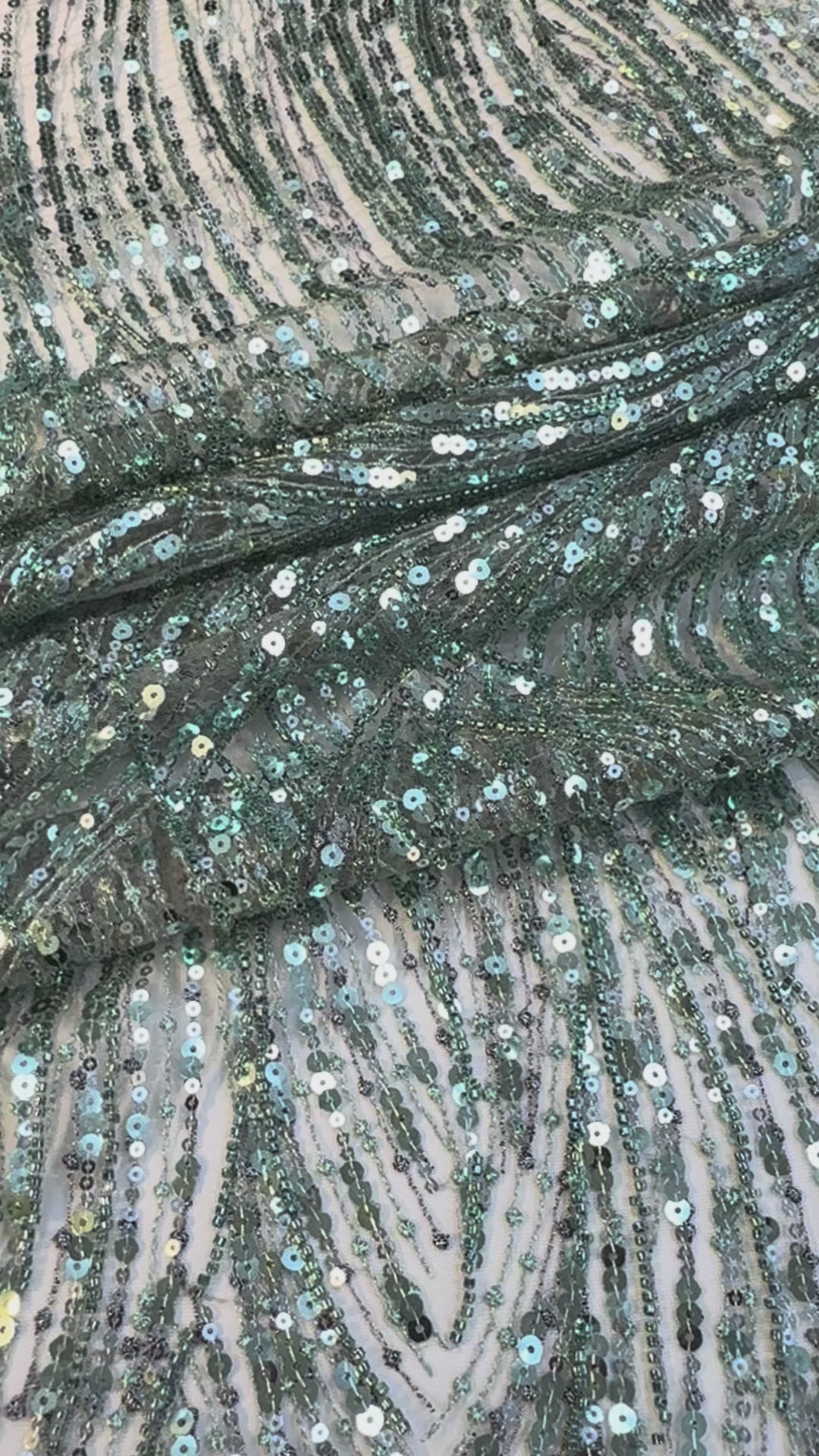 Luxury Mint Green Sequin Waves Embroidery Fabric – Haute Couture Edition