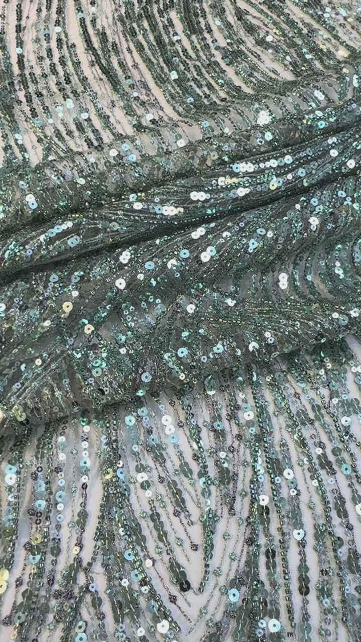 Luxury Mint Green Sequin Waves Embroidery Fabric – Haute Couture Edition