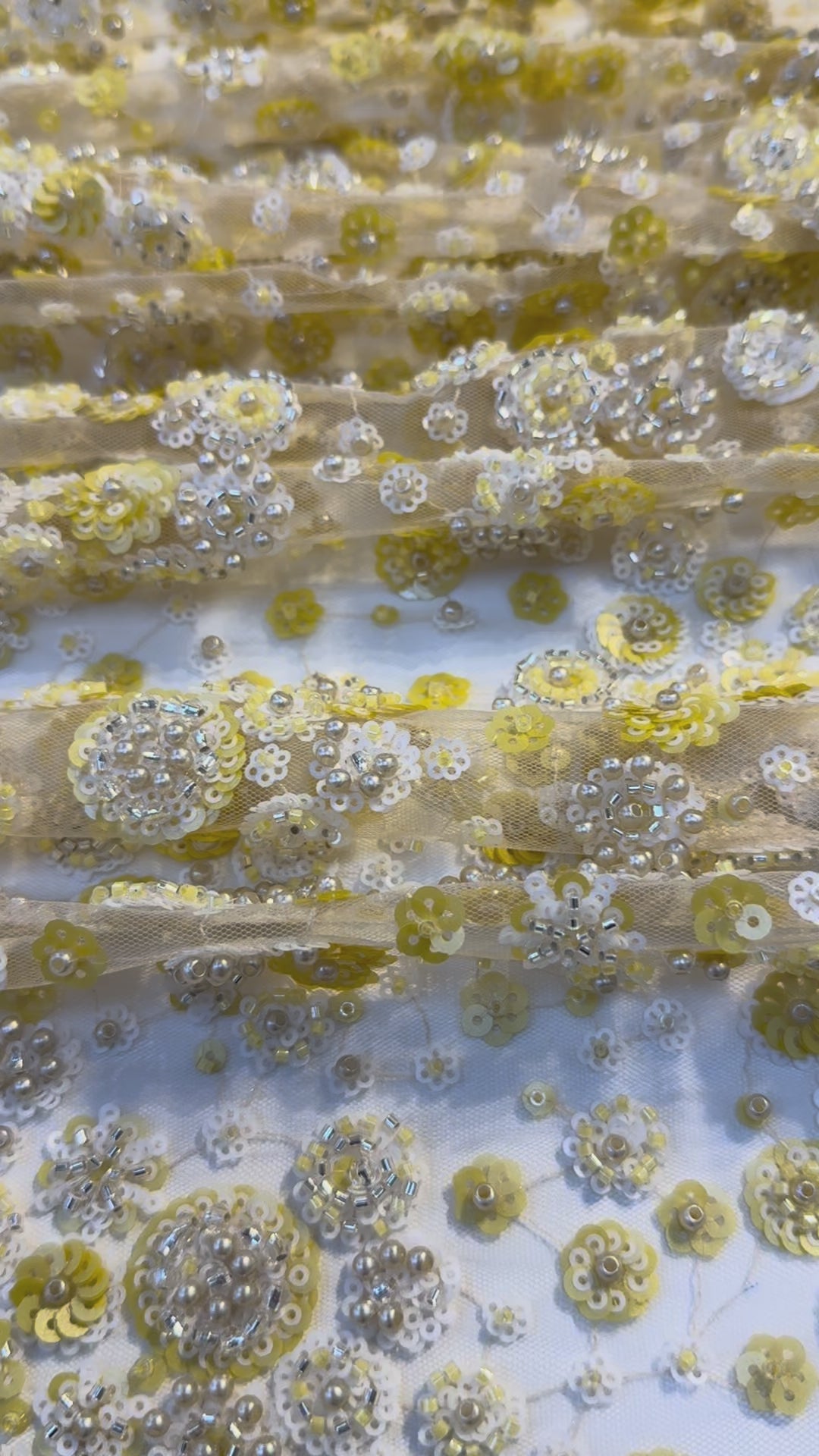 Luxury Yellow & White Sequin Floral Embroidered Tulle Fabric with Beads