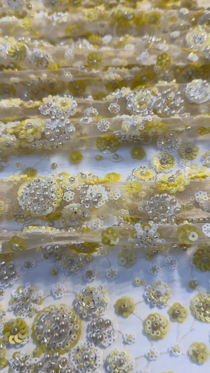 Luxury Yellow & White Sequin Floral Embroidered Tulle Fabric with Beads