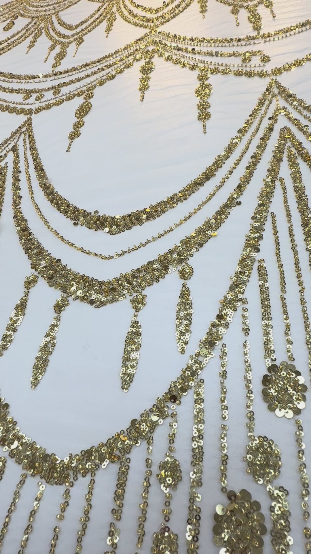 Luxury Gold Sequin Draped Embroidery Fabric – Haute Couture Bridal & Evening Wear (1 Piece = 5 Meter)