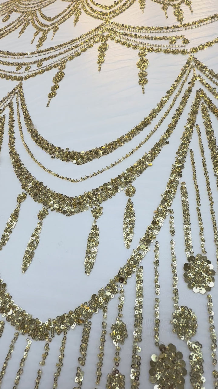 Luxury Gold Sequin Draped Embroidery Fabric – Haute Couture Bridal & Evening Wear (1 Piece = 5 Meter)