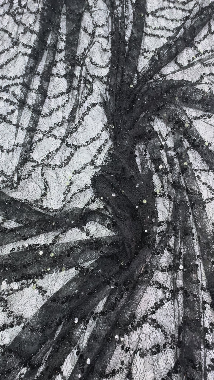 Black Beaded Sequin French Lace with Abstract Pattern