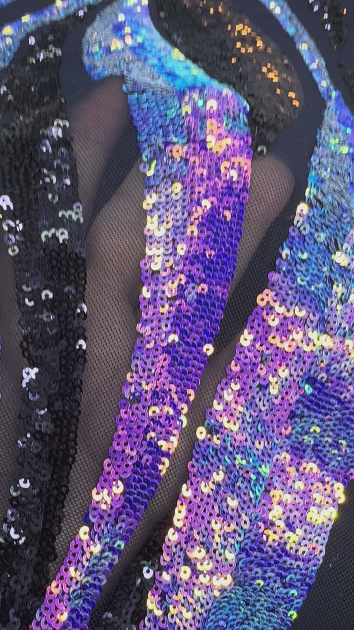 Iridescent Purple and Gold Sequin Fabric on Black Mesh ( 1 Piece = 3.5 Meter)