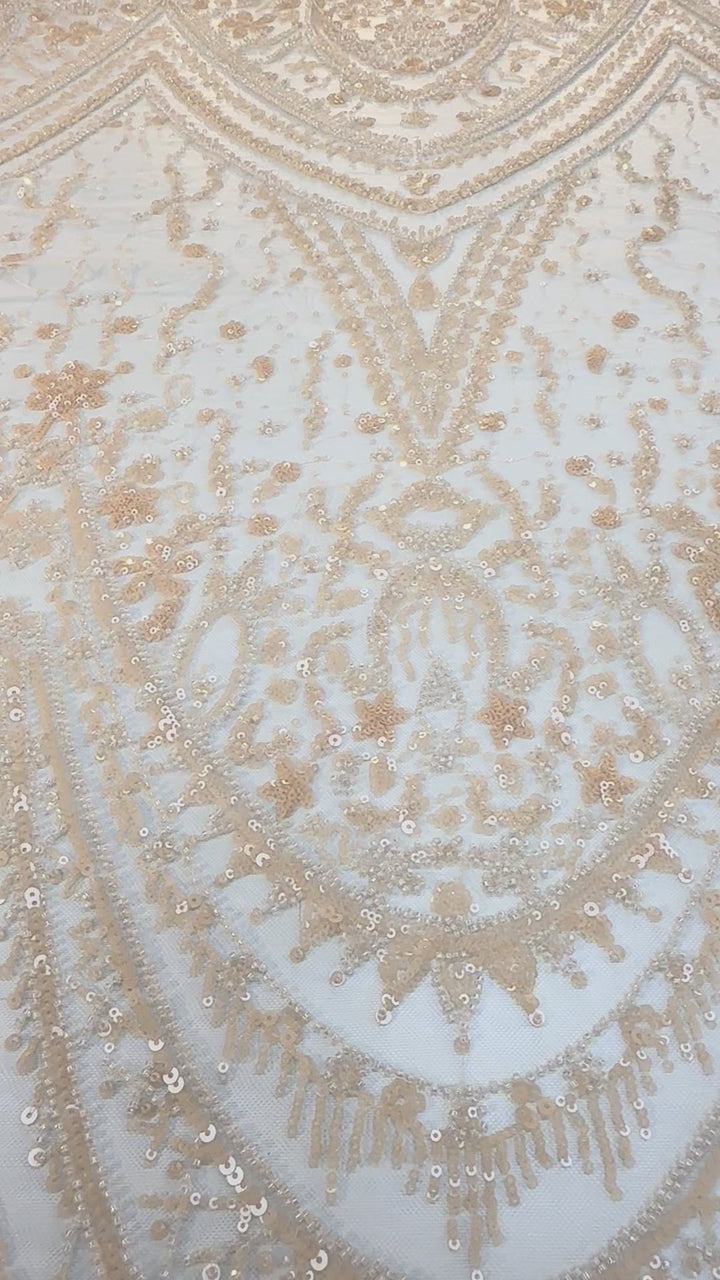 Light Peach Sequin & Beaded Embroidered Fabric ( 1 Piece = 3 Meter)
