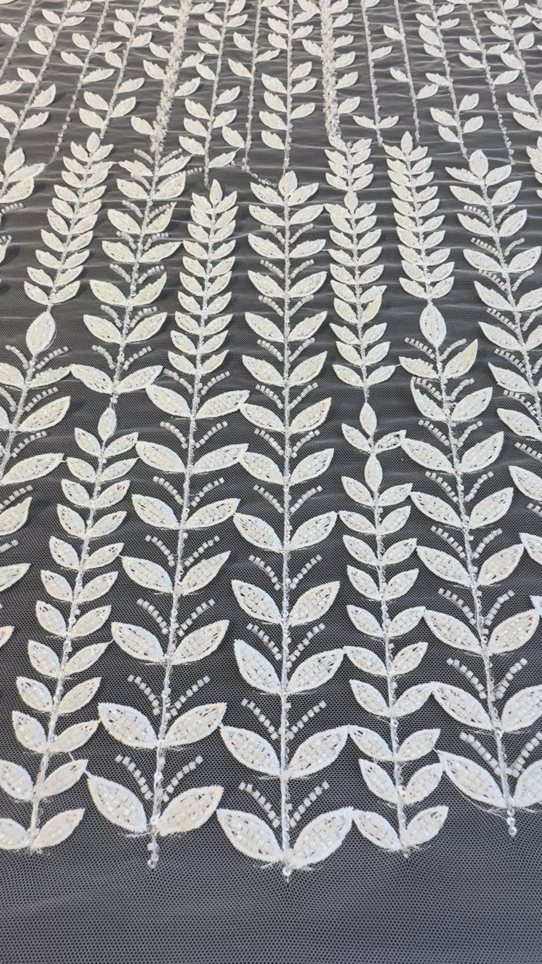 Luxury Beaded Vine Embroidered Tulle Fabric – Silver Leaves on White Mesh( 1 Piece = 2 Meter)