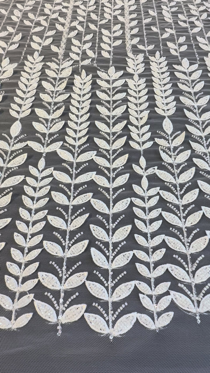 Luxury Beaded Vine Embroidered Tulle Fabric – Silver Leaves on White Mesh( 1 Piece = 2 Meter)