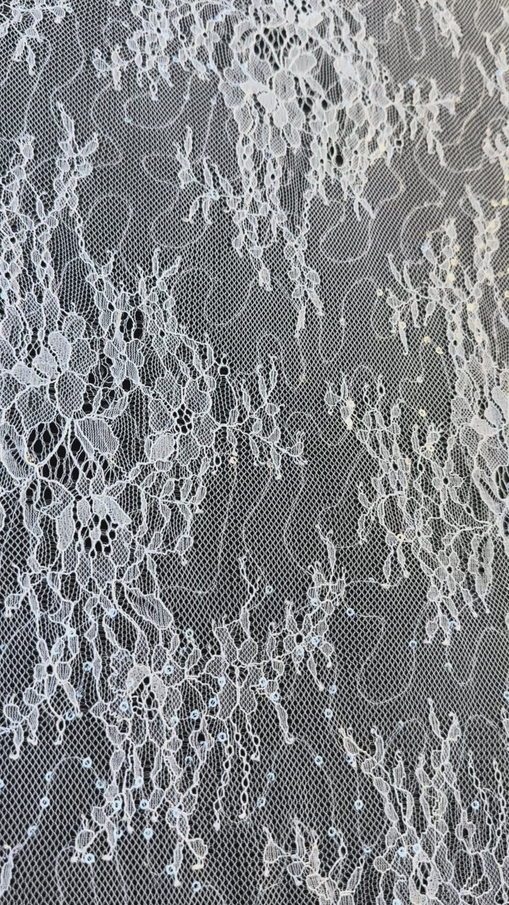 Luxury Ivory Chantilly Lace on white Tulle with Sequins – Bridal & Haute Couture Fabric