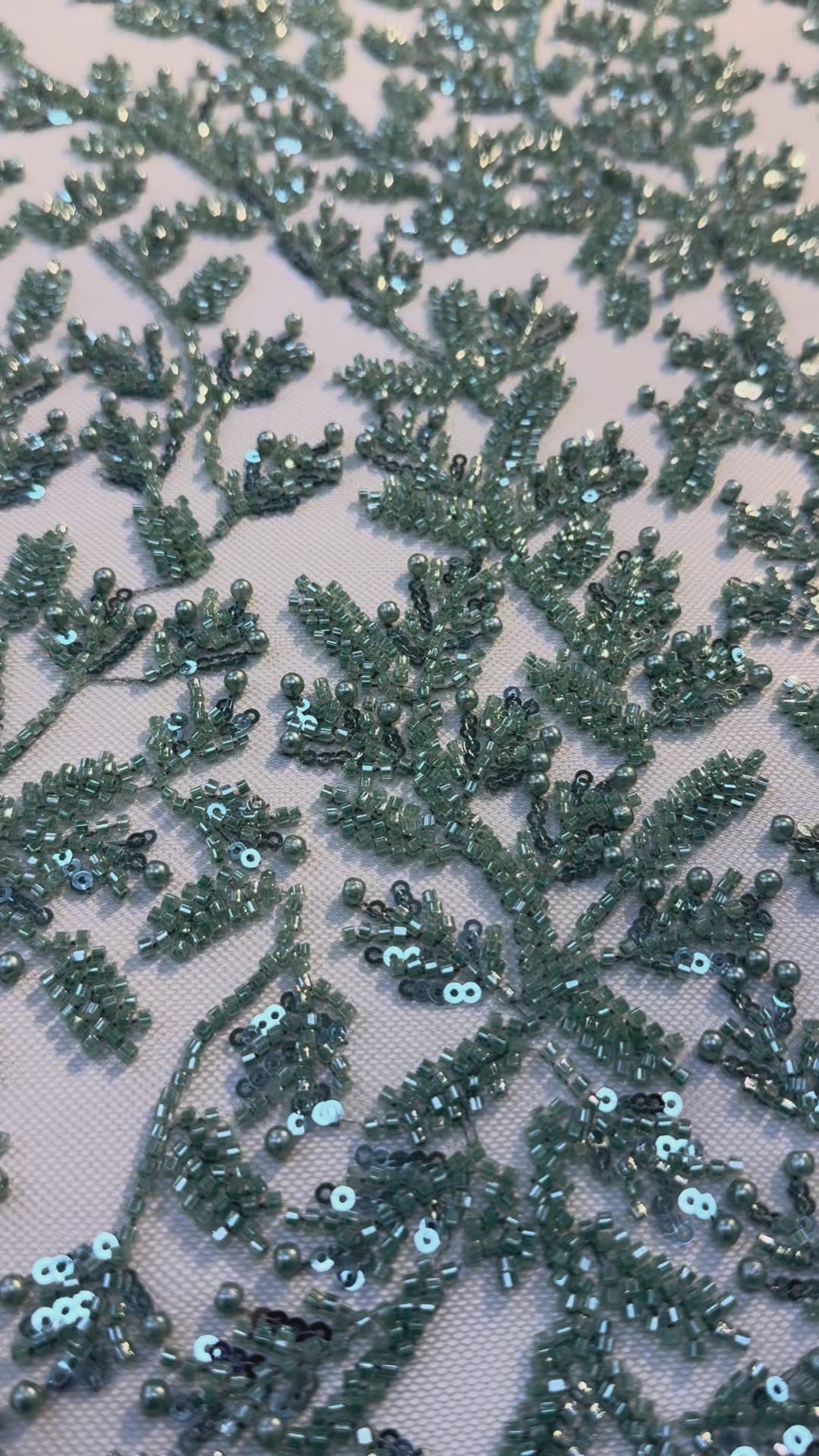 Luxury Emerald Green Beaded Embroidery Fabric – Couture Beads & Pearls on Tulle ( 1 Piece = 2.5 Meter)
