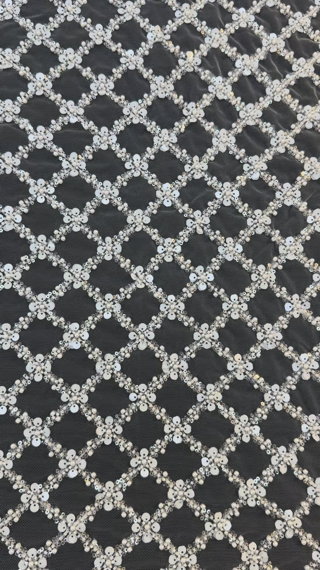 Luxury Diamond Lattice Beaded & Sequin Embroidered Tulle – White on Black Mesh( 1 Piece = 4 Meter)