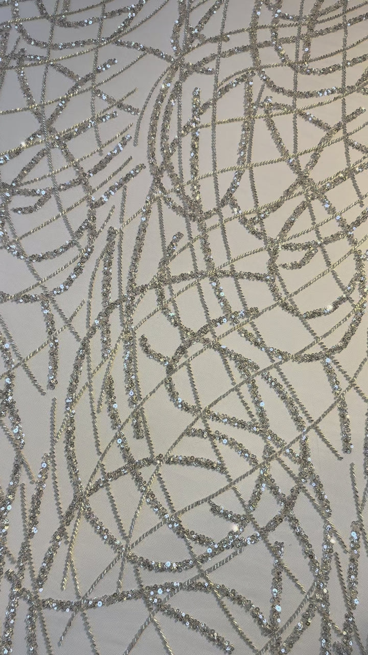 Luxury Silver Abstract Sequin Embroidered Tulle Fabric – Haute Couture Evening & Bridal Wear ( 1 Piece = 3 Meter)