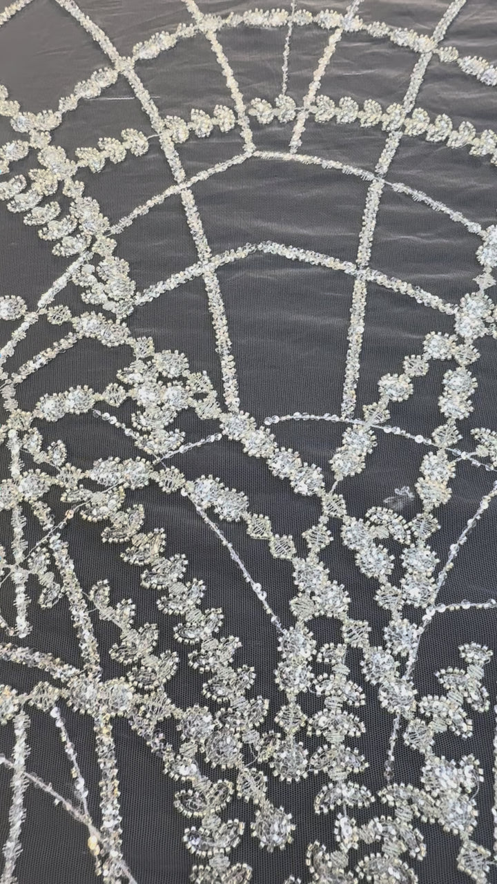 Luxury Silver Sequin Net Fabric – Couture Beaded Embroidery for Evening & Bridal Gowns( 1 Piece = 3.5 Meter)