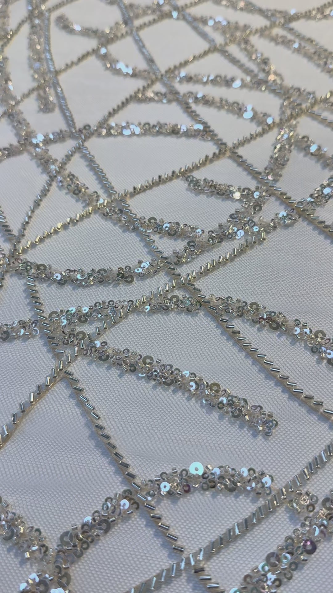 Luxury Silver Abstract Sequin Embroidered Tulle Fabric – Haute Couture Evening & Bridal Wear ( 1 Piece = 3 Meter)