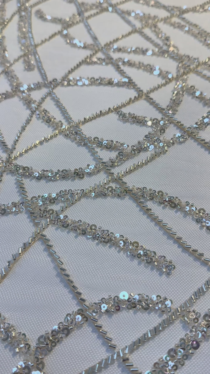 Luxury Silver Abstract Sequin Embroidered Tulle Fabric – Haute Couture Evening & Bridal Wear ( 1 Piece = 3 Meter)