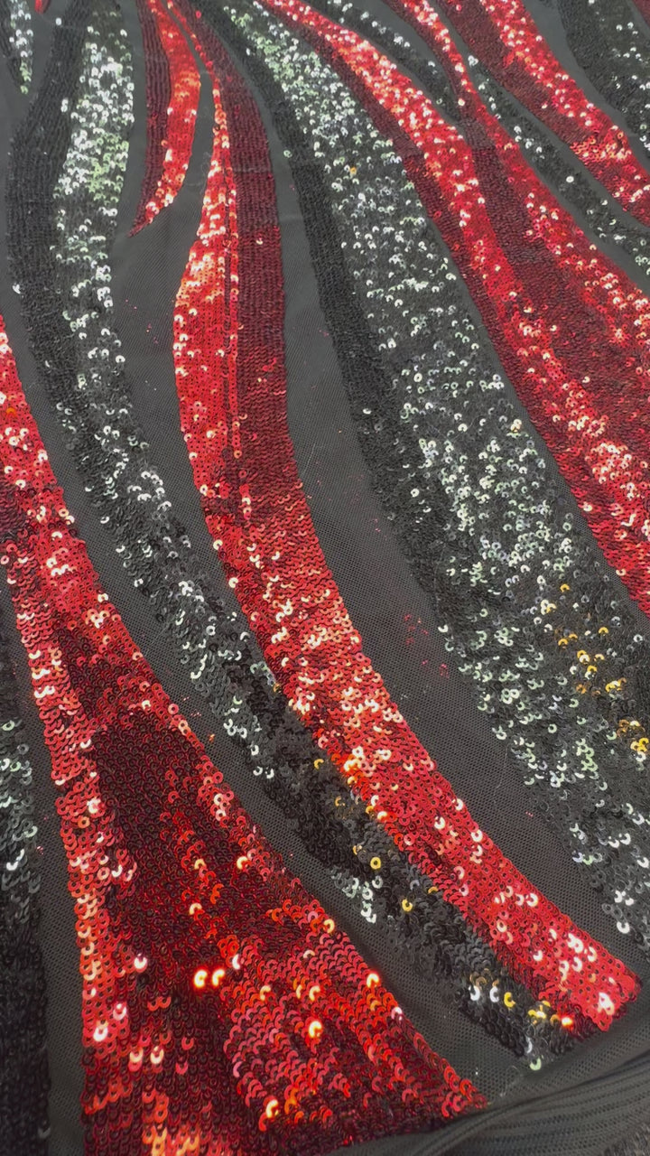 Red and Black Flame Sequin Fabric on Black Mesh ( 1 Piece = 3 Meter)