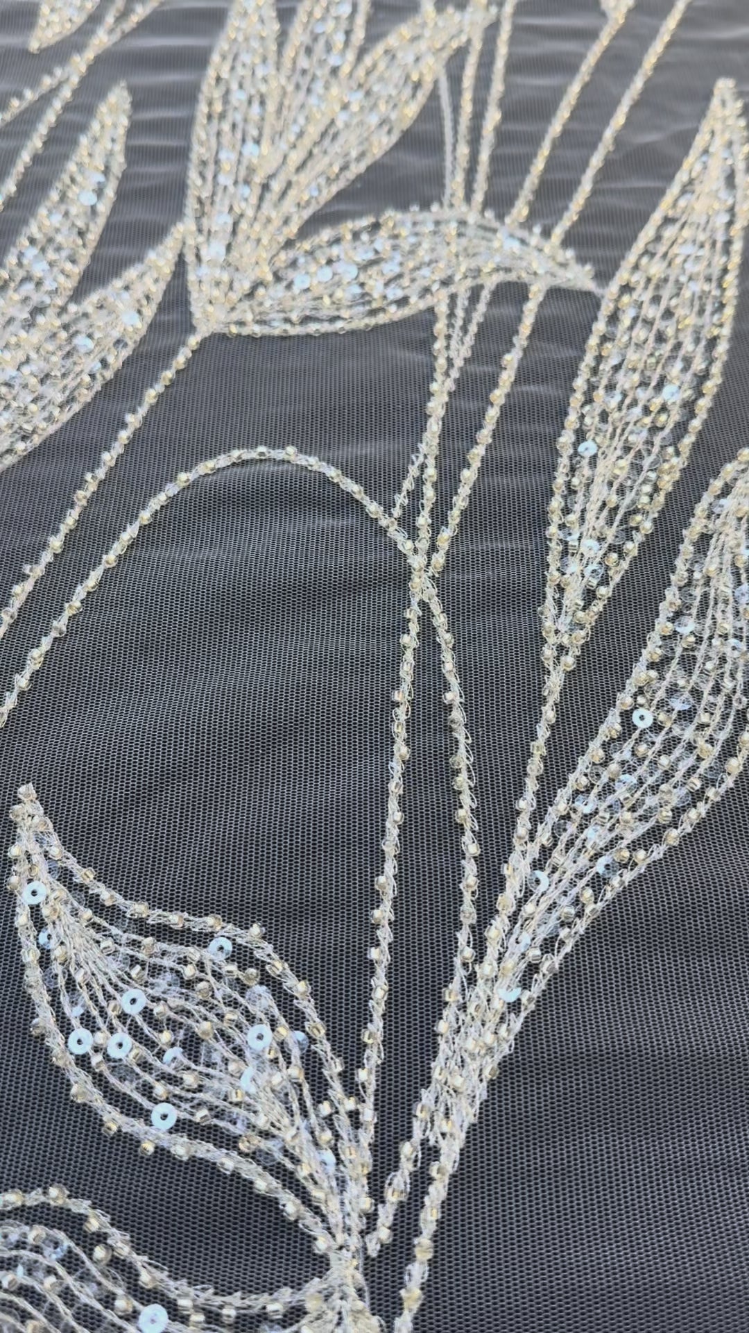 Luxury Champagne Floral Beaded Tulle Fabric with Sequins and Crystals