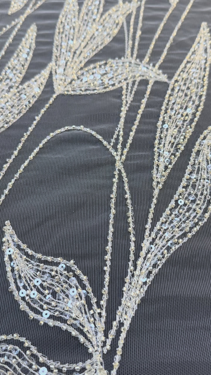 Luxury Champagne Floral Beaded Tulle Fabric with Sequins and Crystals