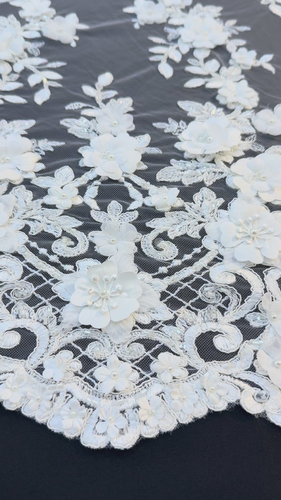 Luxury 3D Floral Lace Fabric with Sequins & Pearls – White Embroidered Bridal Tulle